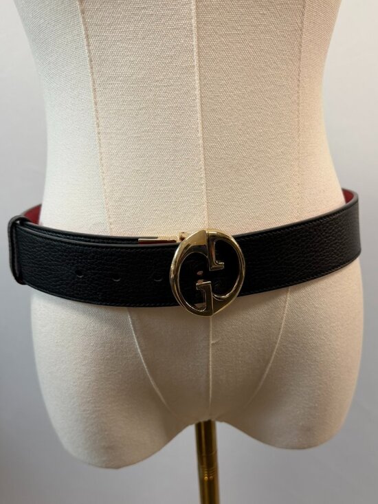 EUC Gucci Interlocking GG Reversible Leather Belt Black Red Gold Buckle 1.5\